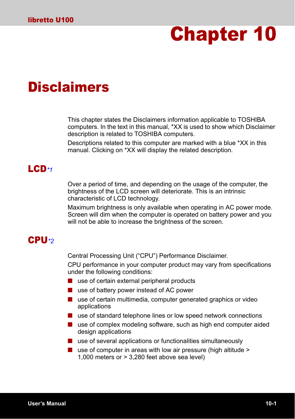 Chapter 10 - disclaimers, Lcd*1, Cpu*2 | Chapter 10, Disclaimers, Lcd -1 cpu -1, Provide, Built-in, Lc d | Toshiba Libretto U100 User Manual | Page 187 / 250