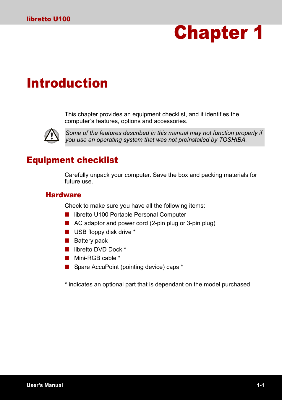 Chapter 1 - introduction, Equipment checklist, Chapter 1 | Introduction, Equipment checklist -1, Is an overvie | Toshiba Libretto U100 User Manual | Page 19 / 250