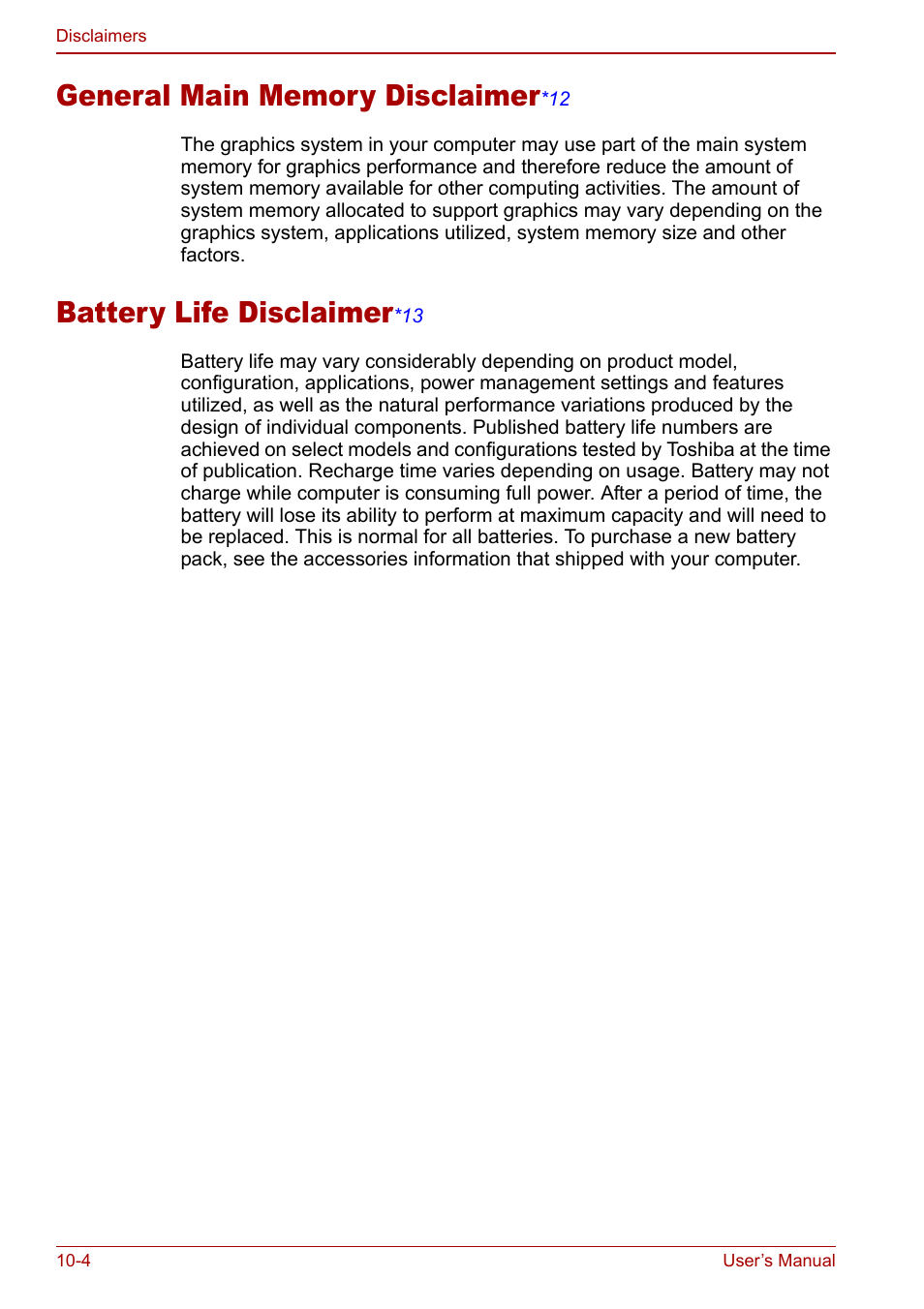 General main memory disclaimer*12, Battery life disclaimer*13, Battery life disclaimer | Toshiba Libretto U100 User Manual | Page 190 / 250