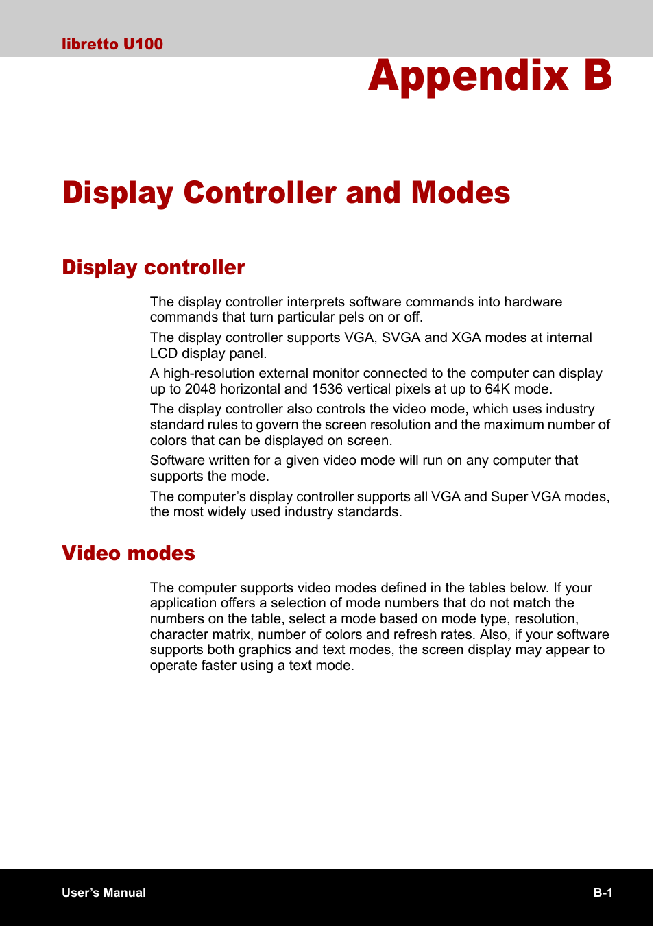 Appendix b - display controller and modes, Display controller, Video modes | Appendix b, Display controller and modes, Refer to, Display controller and, Modes, And modes | Toshiba Libretto U100 User Manual | Page 195 / 250