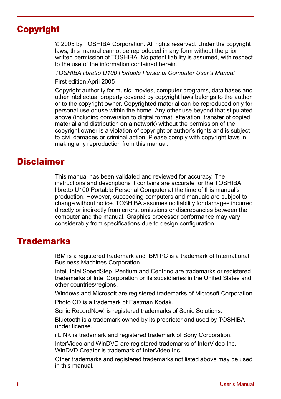 Copyright, Disclaimer, Trademarks | Toshiba Libretto U100 User Manual | Page 2 / 250