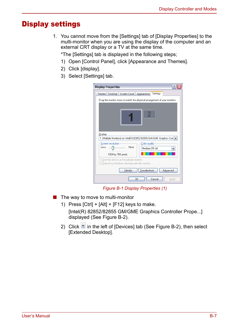 Display settings | Toshiba Libretto U100 User Manual | Page 201 / 250