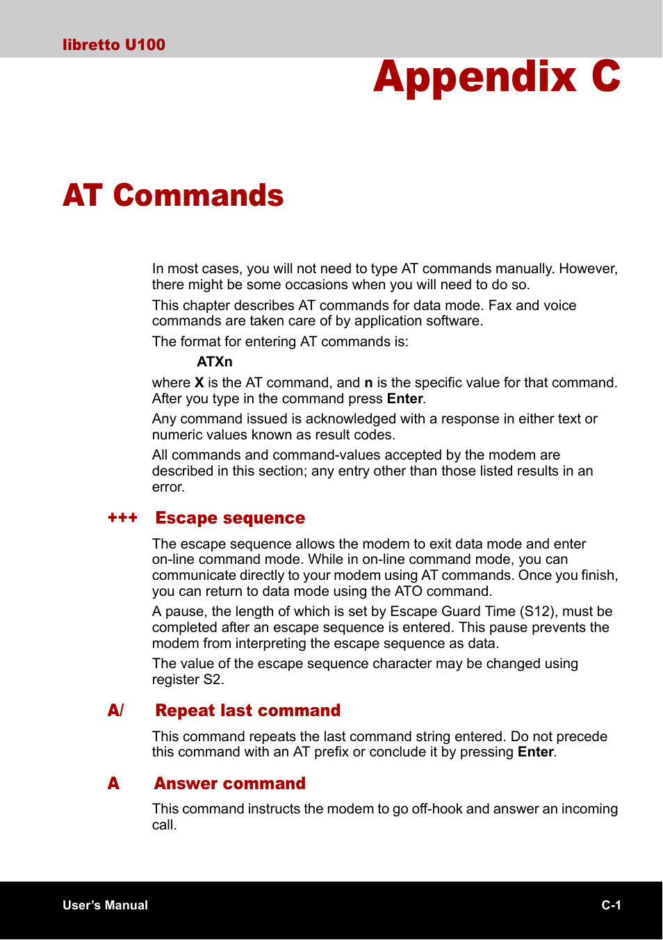 Appendix c - at commands, Appendix c, At commands | Ix c | Toshiba Libretto U100 User Manual | Page 203 / 250