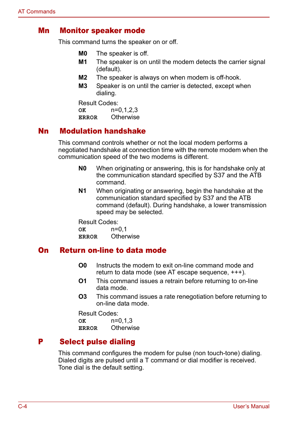 Mn monitor speaker mode, Nn modulation handshake, On return on-line to data mode | Pselect pulse dialing | Toshiba Libretto U100 User Manual | Page 206 / 250