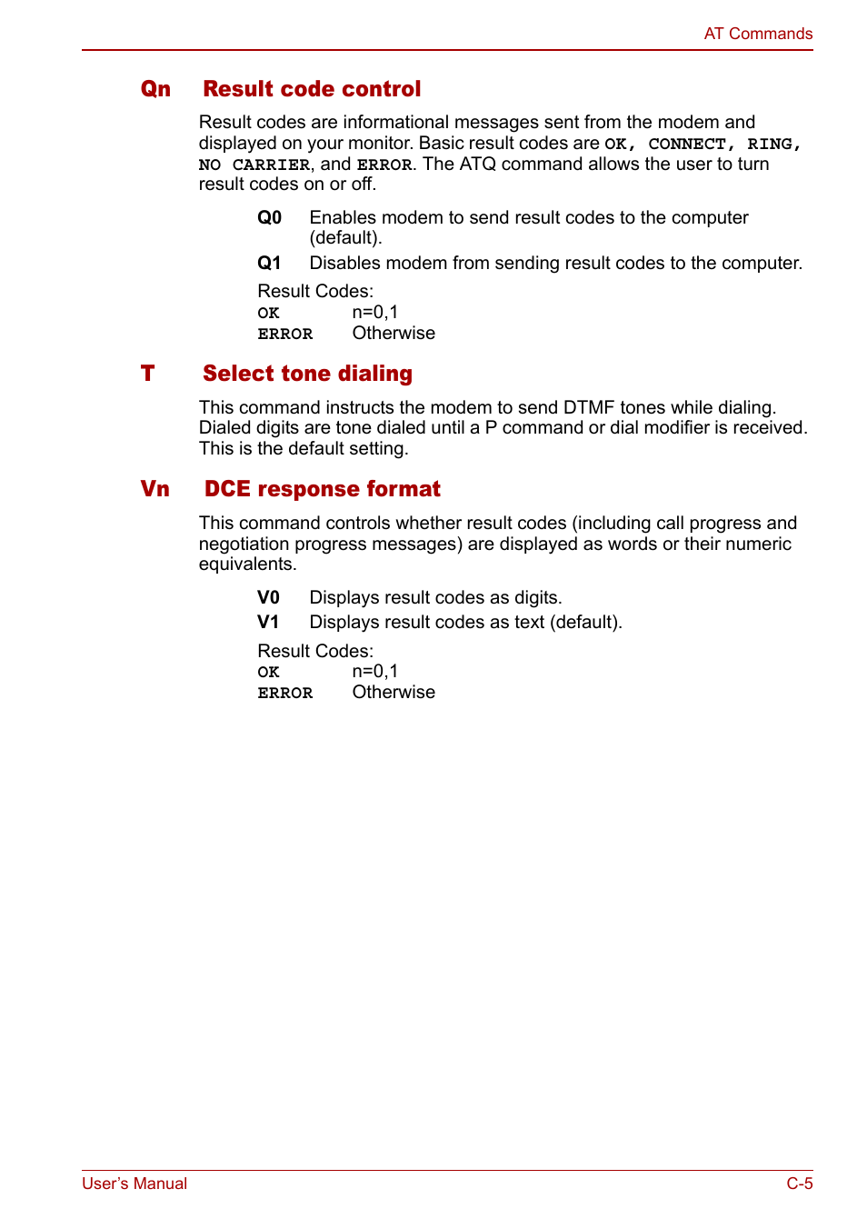 Qn result code control, Tselect tone dialing, Vn dce response format | Toshiba Libretto U100 User Manual | Page 207 / 250