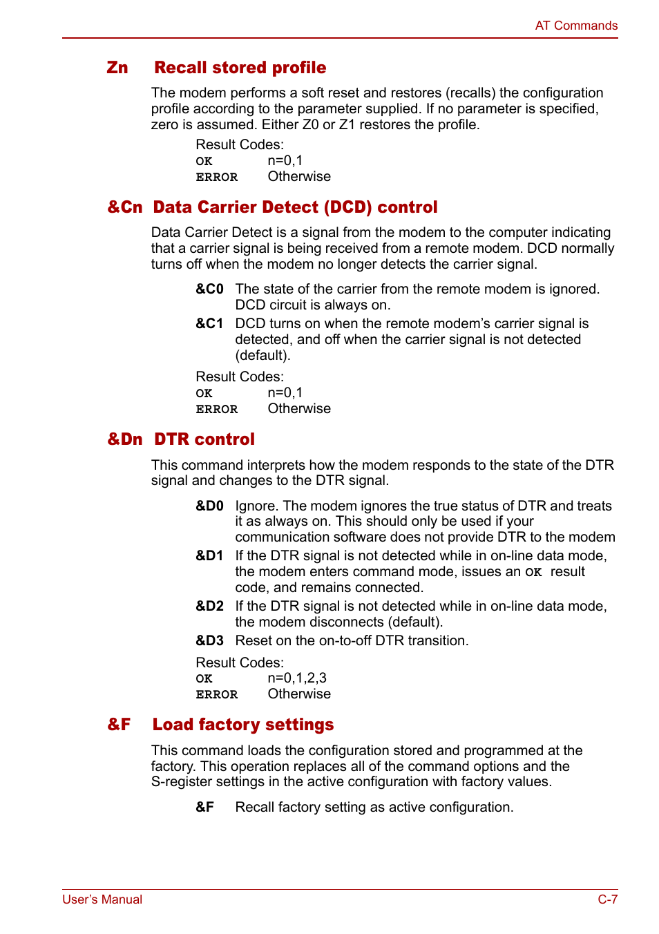 Zn recall stored profile, Cn data carrier detect (dcd) control, Dn dtr control | F load factory settings | Toshiba Libretto U100 User Manual | Page 209 / 250