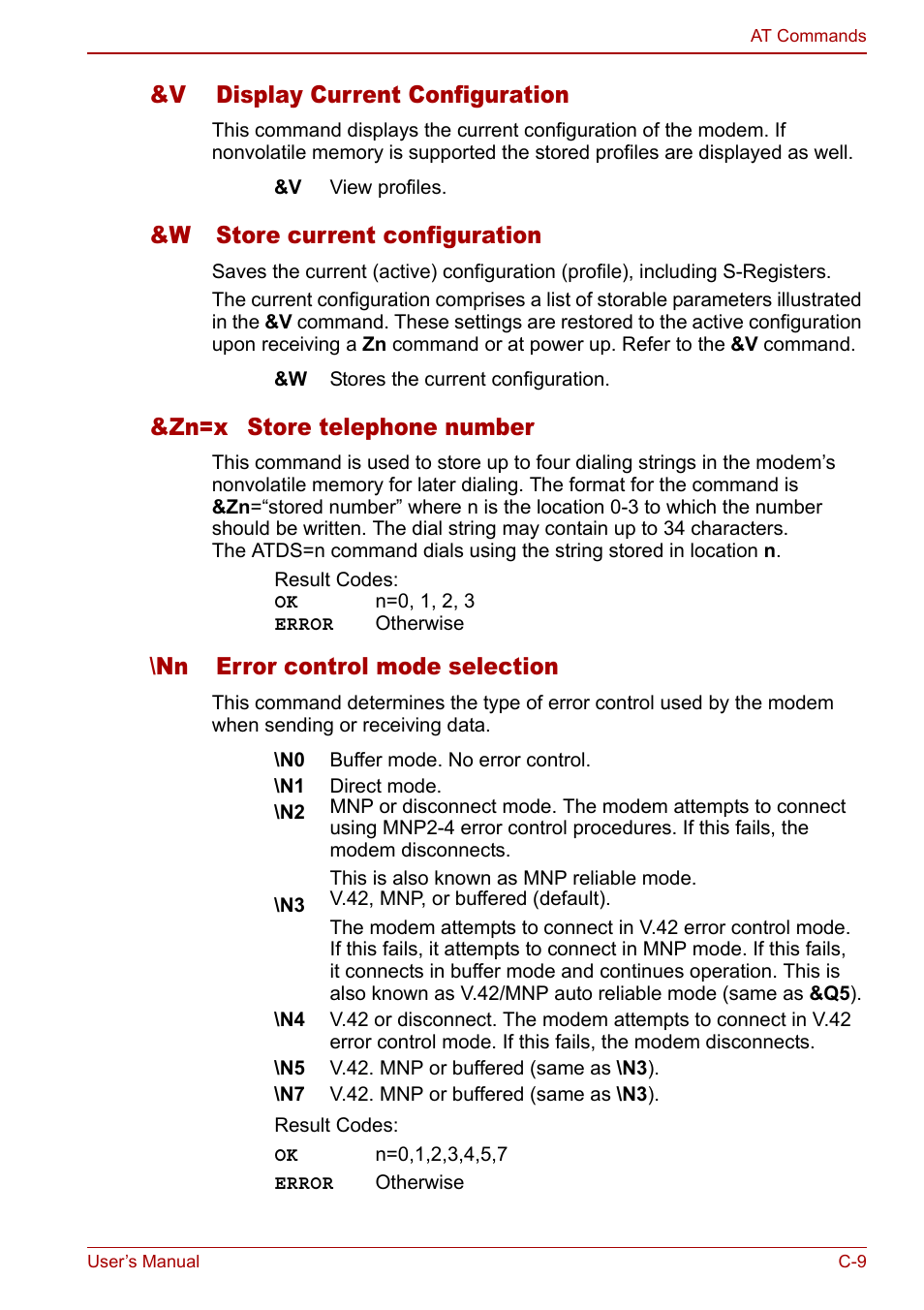 V display current configuration, W store current configuration, Zn=x store telephone number | Nn error control mode selection | Toshiba Libretto U100 User Manual | Page 211 / 250