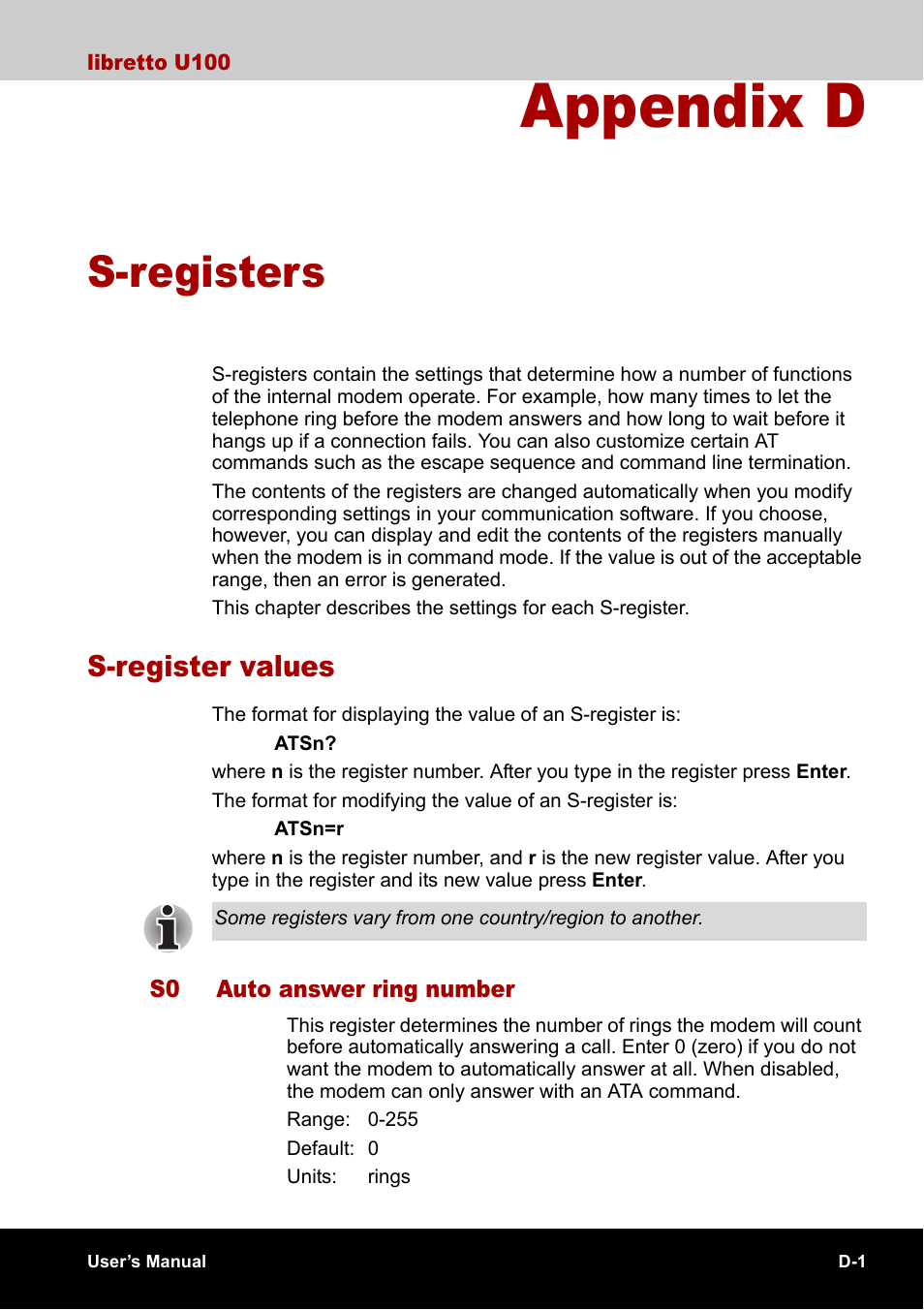 Appendix d - s-registers, S-register values, Appendix d | S-registers | Toshiba Libretto U100 User Manual | Page 213 / 250