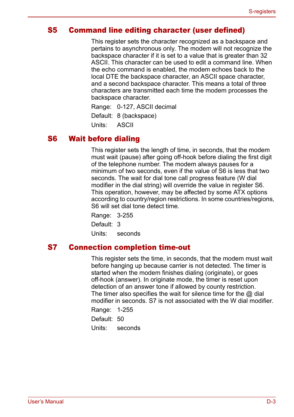 S5 command line editing character (user defined), S6 wait before dialing, S7 connection completion time-out | Toshiba Libretto U100 User Manual | Page 215 / 250