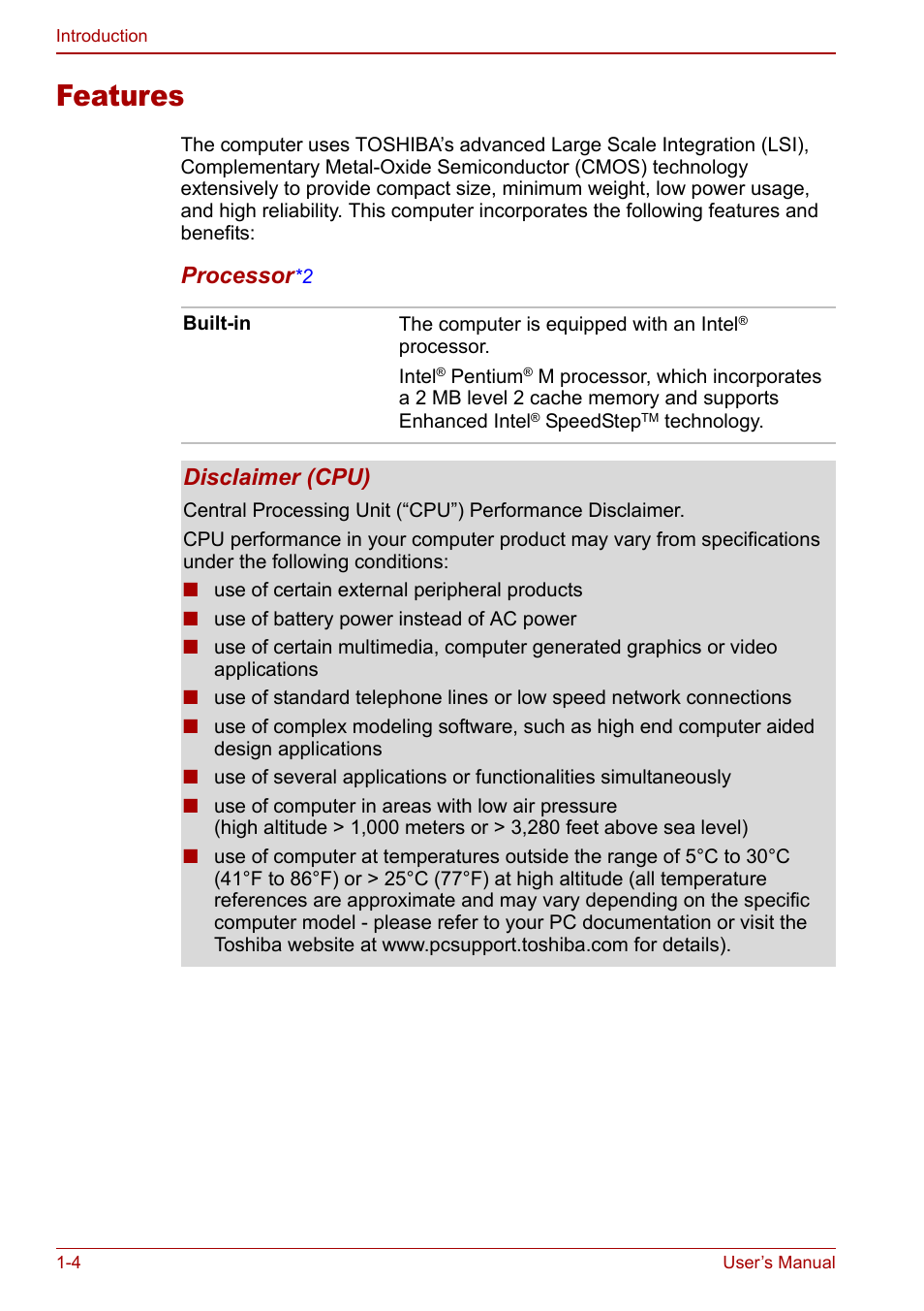 Features, Features -4, Processor | Disclaimer (cpu) | Toshiba Libretto U100 User Manual | Page 22 / 250