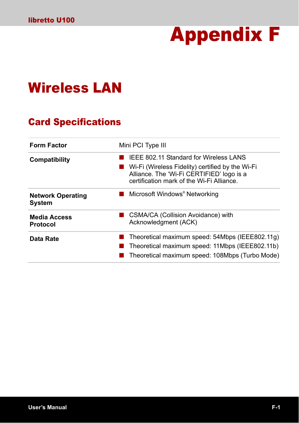 Appendix f - wireless lan, Card specifications, Appendix f | Wireless lan | Toshiba Libretto U100 User Manual | Page 225 / 250