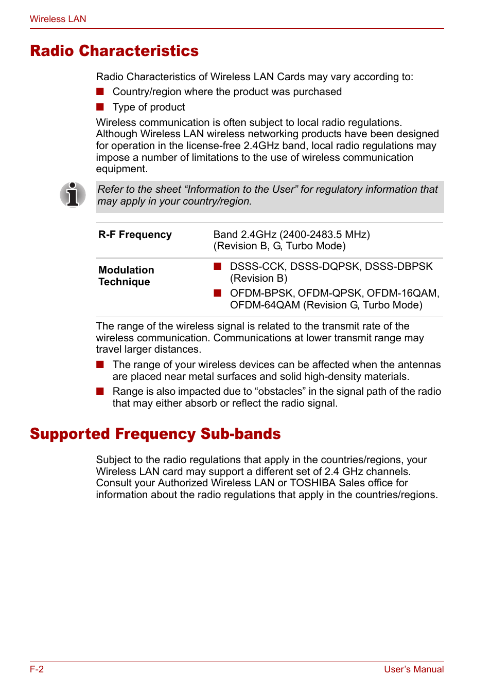 Radio characteristics, Supported frequency sub-bands | Toshiba Libretto U100 User Manual | Page 226 / 250