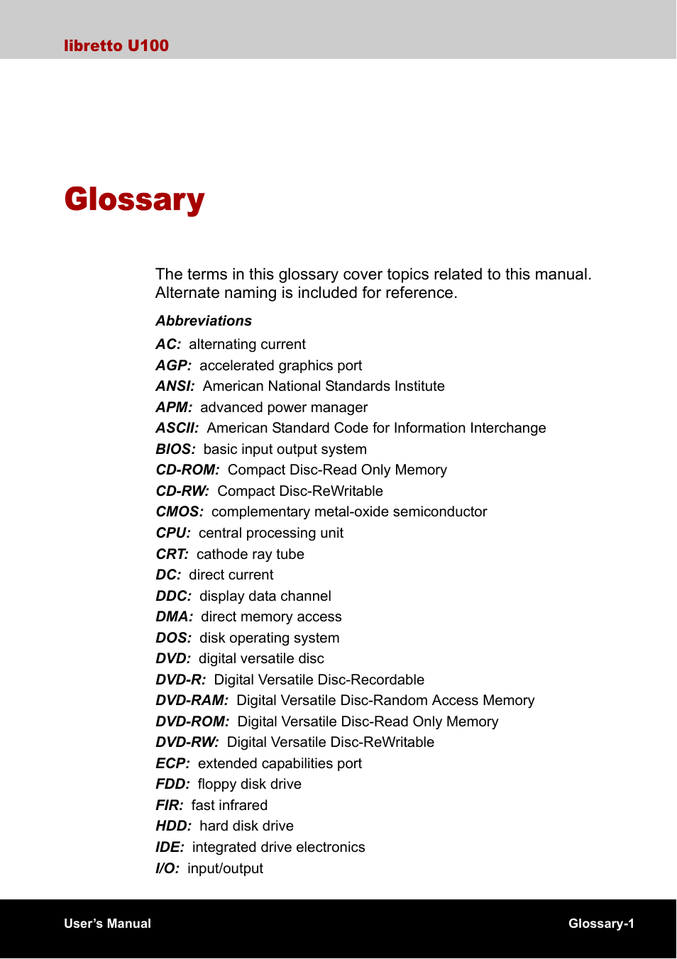 Glossary | Toshiba Libretto U100 User Manual | Page 233 / 250