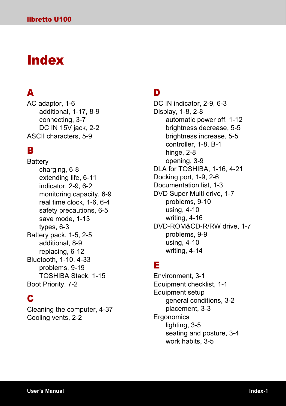 Index | Toshiba Libretto U100 User Manual | Page 247 / 250