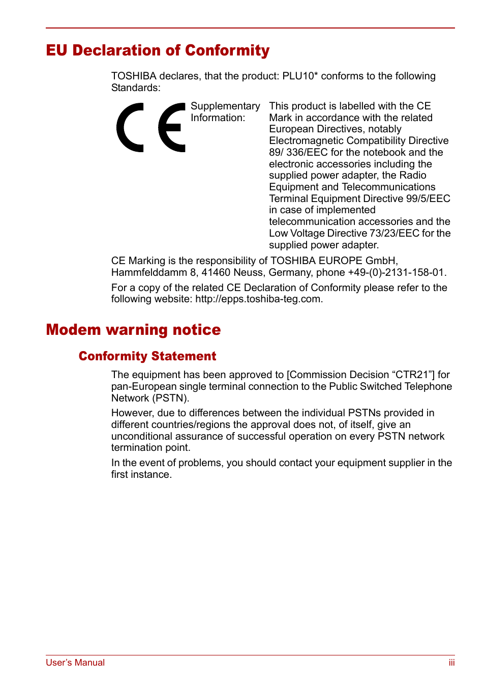 Eu declaration of conformity, Modem warning notice | Toshiba Libretto U100 User Manual | Page 3 / 250