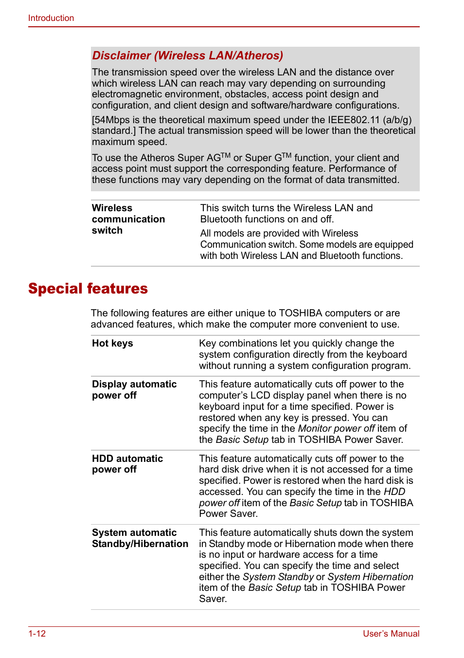 Special features, Special features -12 | Toshiba Libretto U100 User Manual | Page 30 / 250