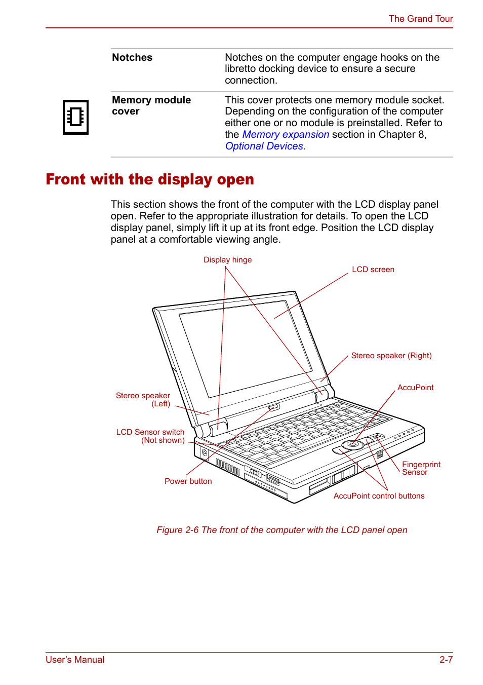 Front with the display open, Front with the display open -7 | Toshiba Libretto U100 User Manual | Page 43 / 250
