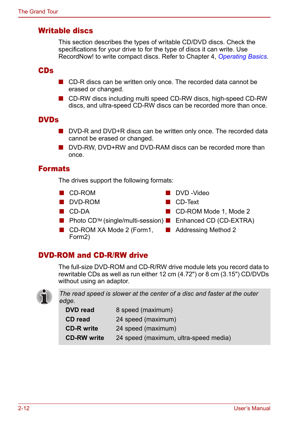 Writable discs, Dvds, Formats | Dvd-rom and cd-r/rw drive | Toshiba Libretto U100 User Manual | Page 48 / 250