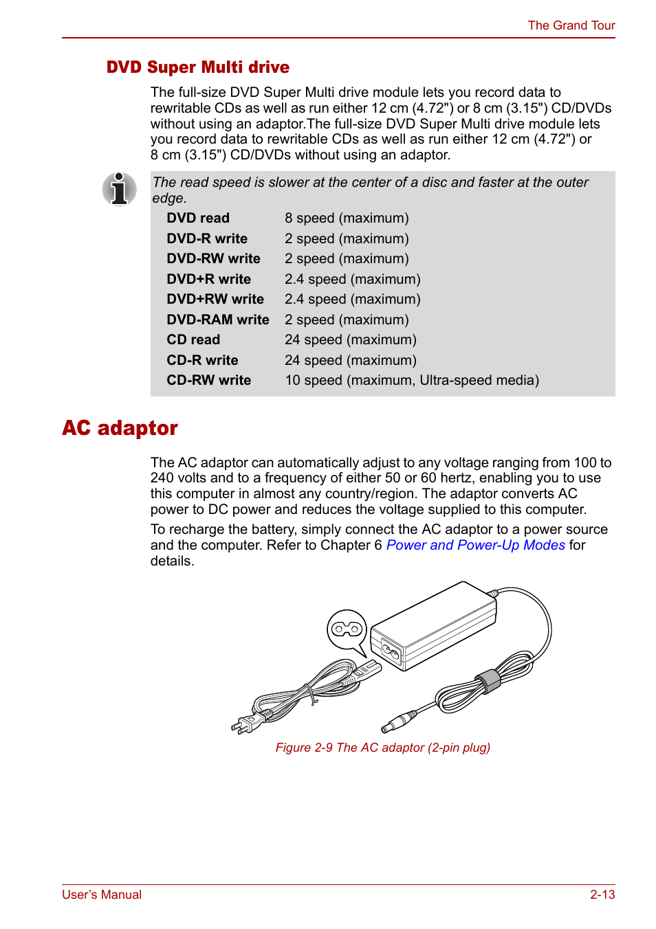 Ac adaptor, Ac adaptor -13, Dvd super multi drive | Toshiba Libretto U100 User Manual | Page 49 / 250