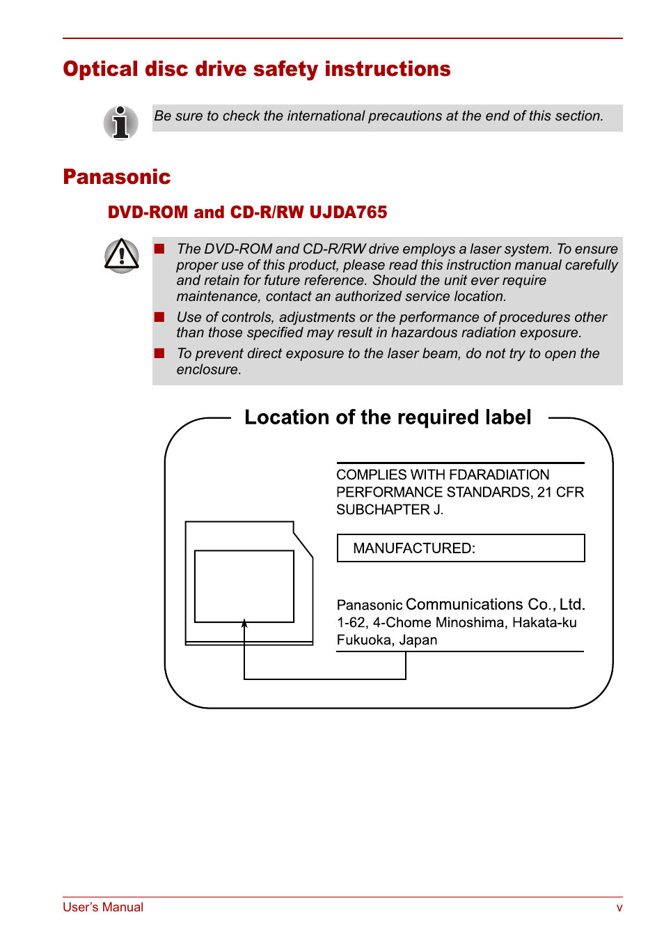 Optical disc drive safety instructions panasonic | Toshiba Libretto U100 User Manual | Page 5 / 250