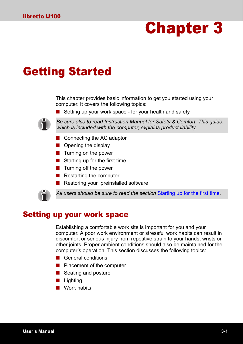 Chapter 3 - getting started, Setting up your work space, Chapter 3 | Getting started, Setting up your work space -1, Provi | Toshiba Libretto U100 User Manual | Page 51 / 250