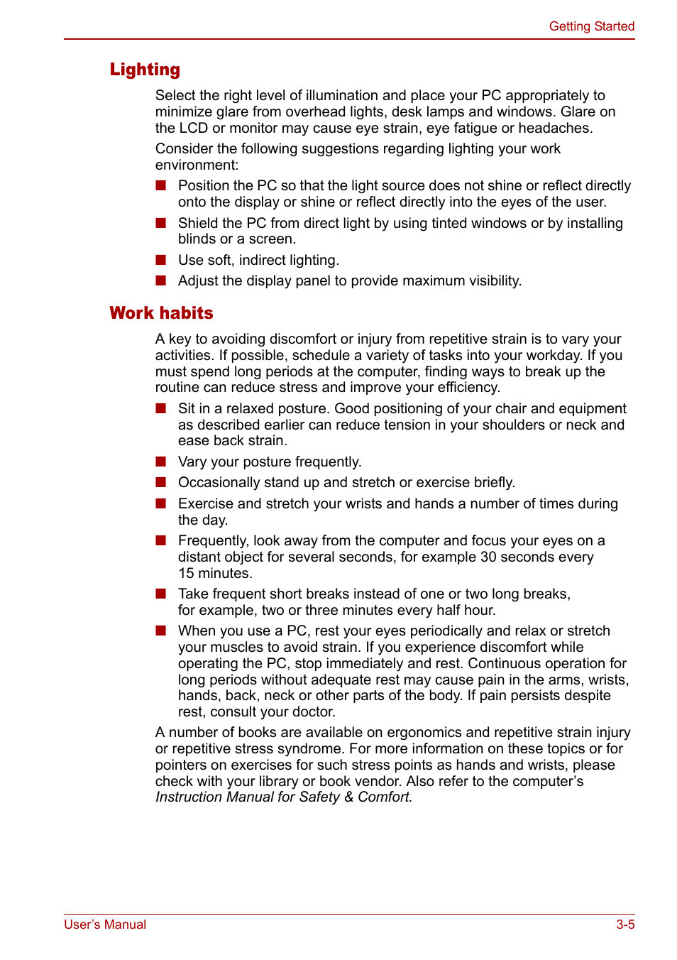 Lighting, Work habits | Toshiba Libretto U100 User Manual | Page 55 / 250