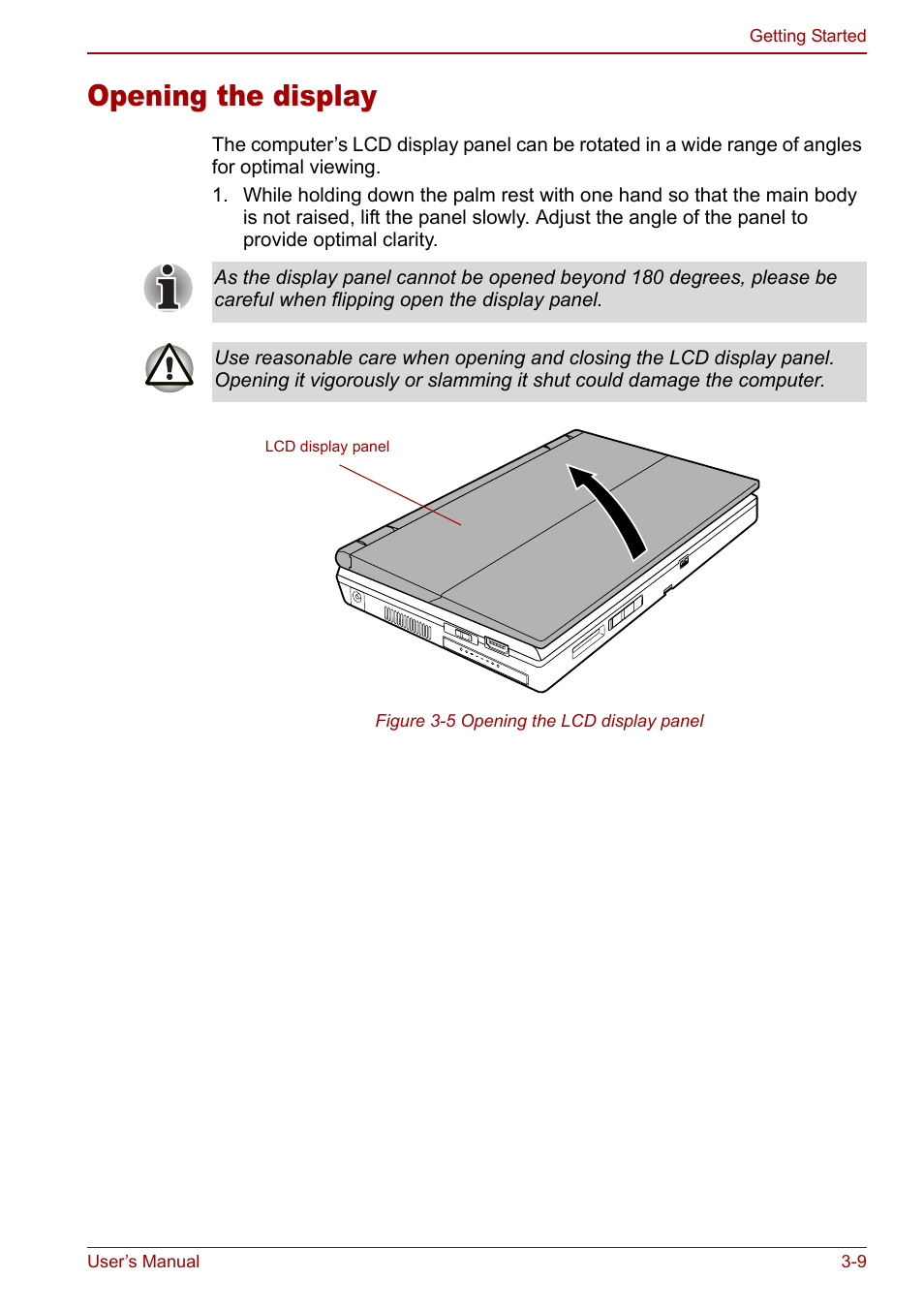 Opening the display, Opening the display -9 | Toshiba Libretto U100 User Manual | Page 59 / 250