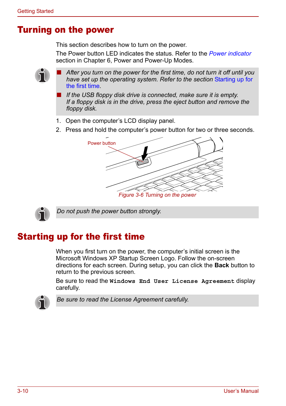 Turning on the power, Starting up for the first time | Toshiba Libretto U100 User Manual | Page 60 / 250