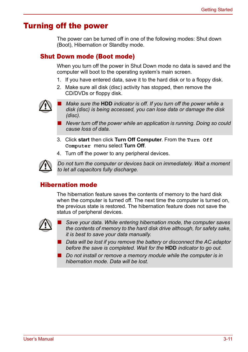 Turning off the power, Turning off the power -11, Shut down mode (boot mode) | Hibernation mode | Toshiba Libretto U100 User Manual | Page 61 / 250