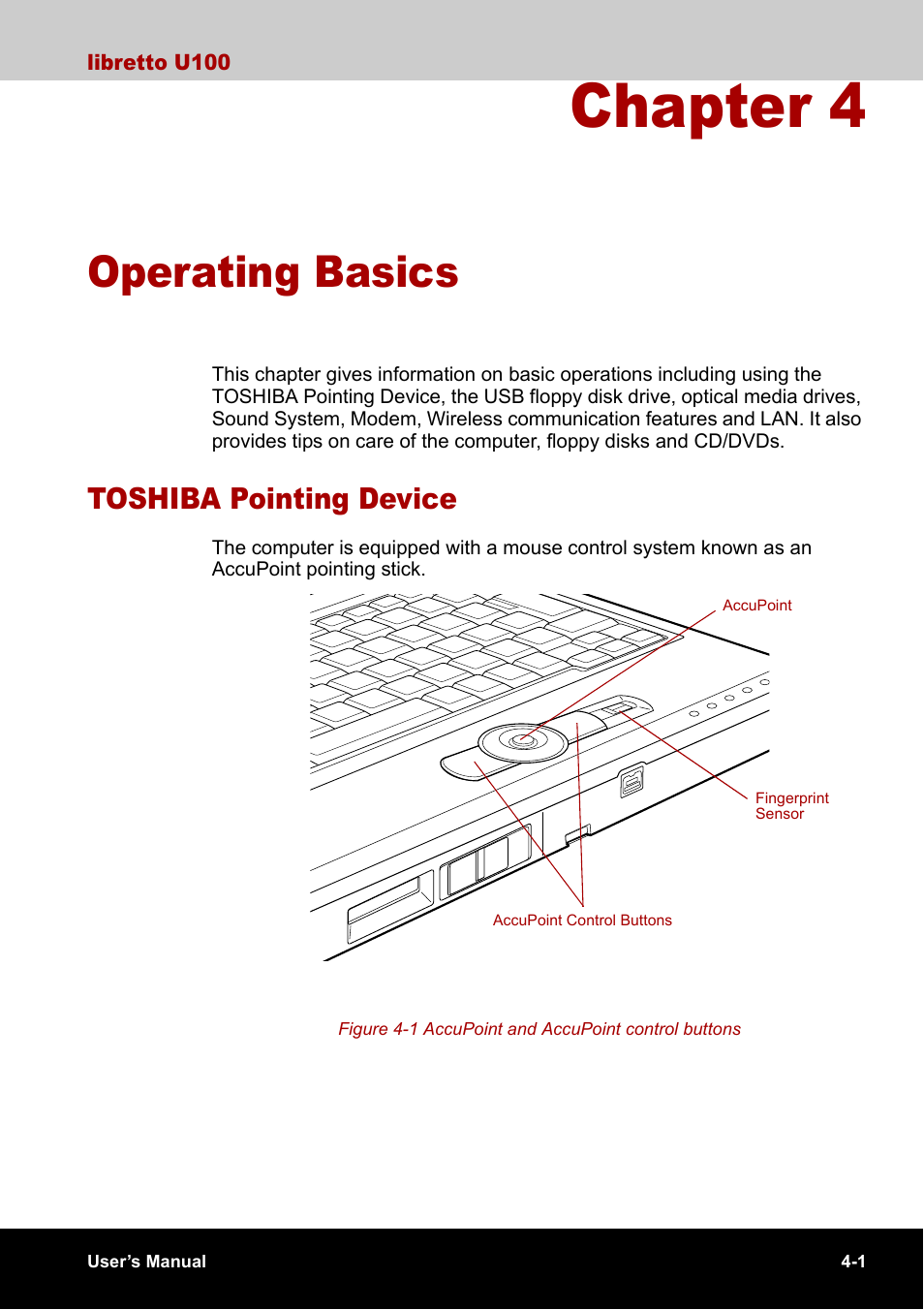 Chapter 4 - operating basics, Toshiba pointing device, Chapter 4 | Operating basics, Toshiba pointing device -1, Operating, Basics | Toshiba Libretto U100 User Manual | Page 71 / 250