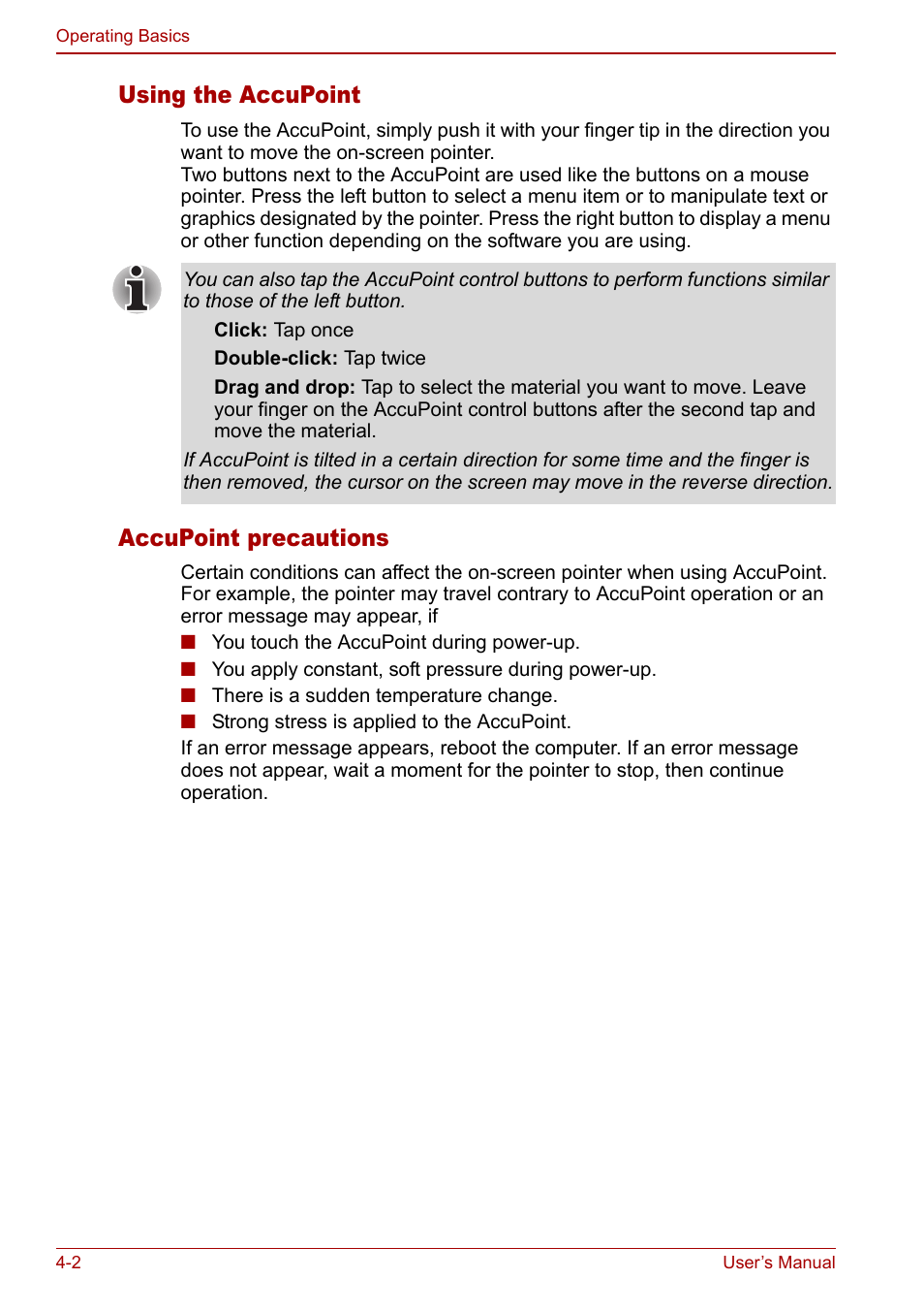 Using the accupoint, Accupoint precautions | Toshiba Libretto U100 User Manual | Page 72 / 250