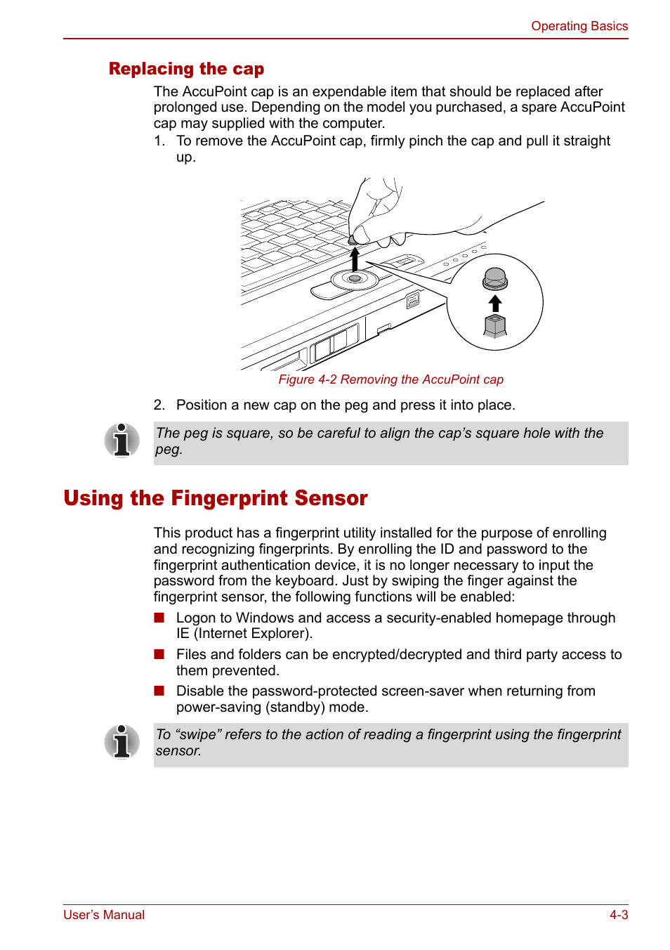 Using the fingerprint sensor, Using the fingerprint sensor -3, Replacing the cap | Toshiba Libretto U100 User Manual | Page 73 / 250