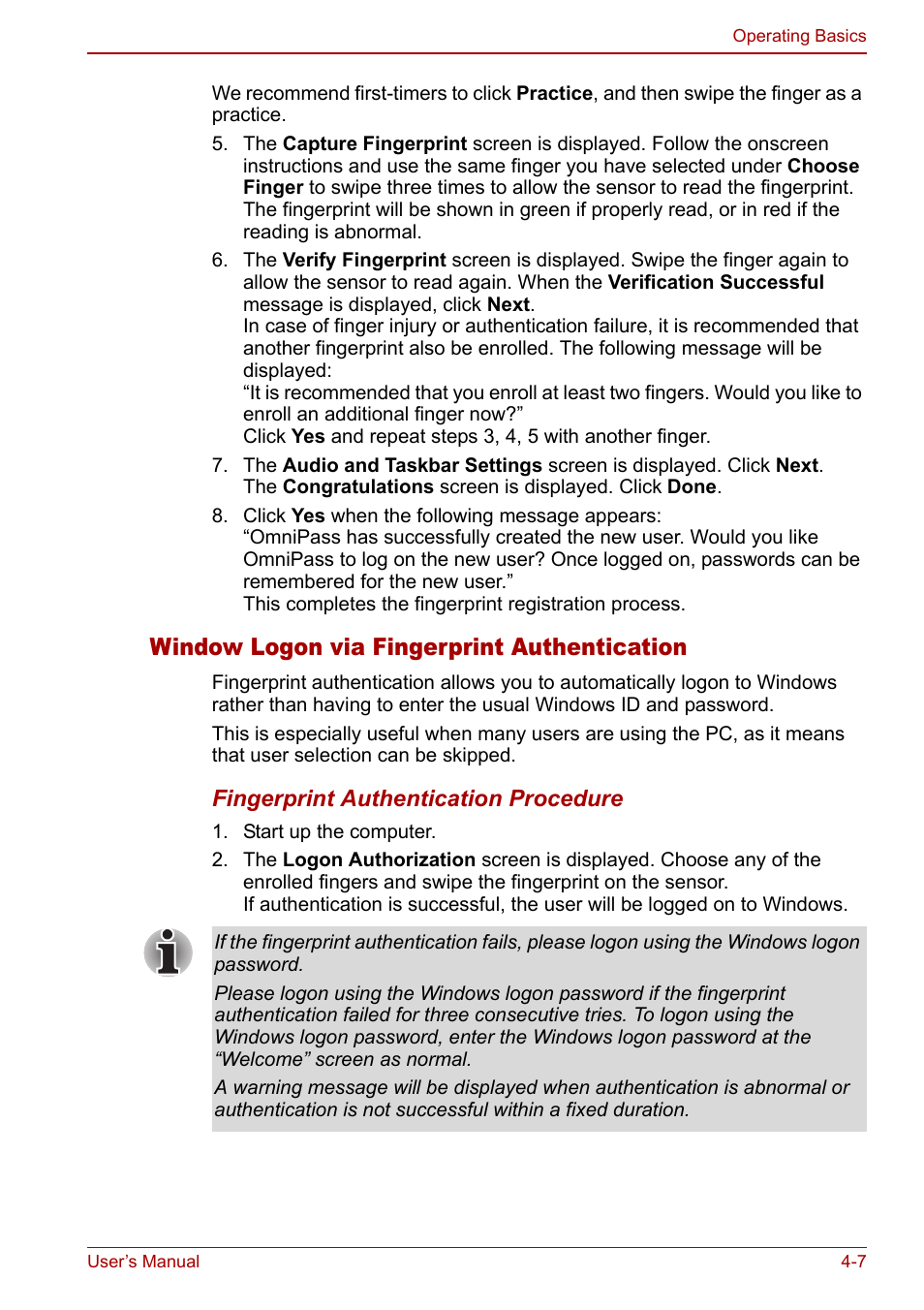 Window logon via fingerprint authentication | Toshiba Libretto U100 User Manual | Page 77 / 250