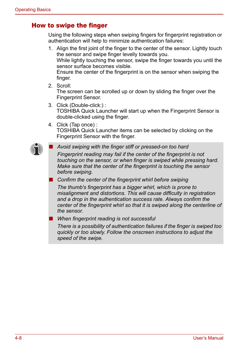 How to swipe the finger | Toshiba Libretto U100 User Manual | Page 78 / 250