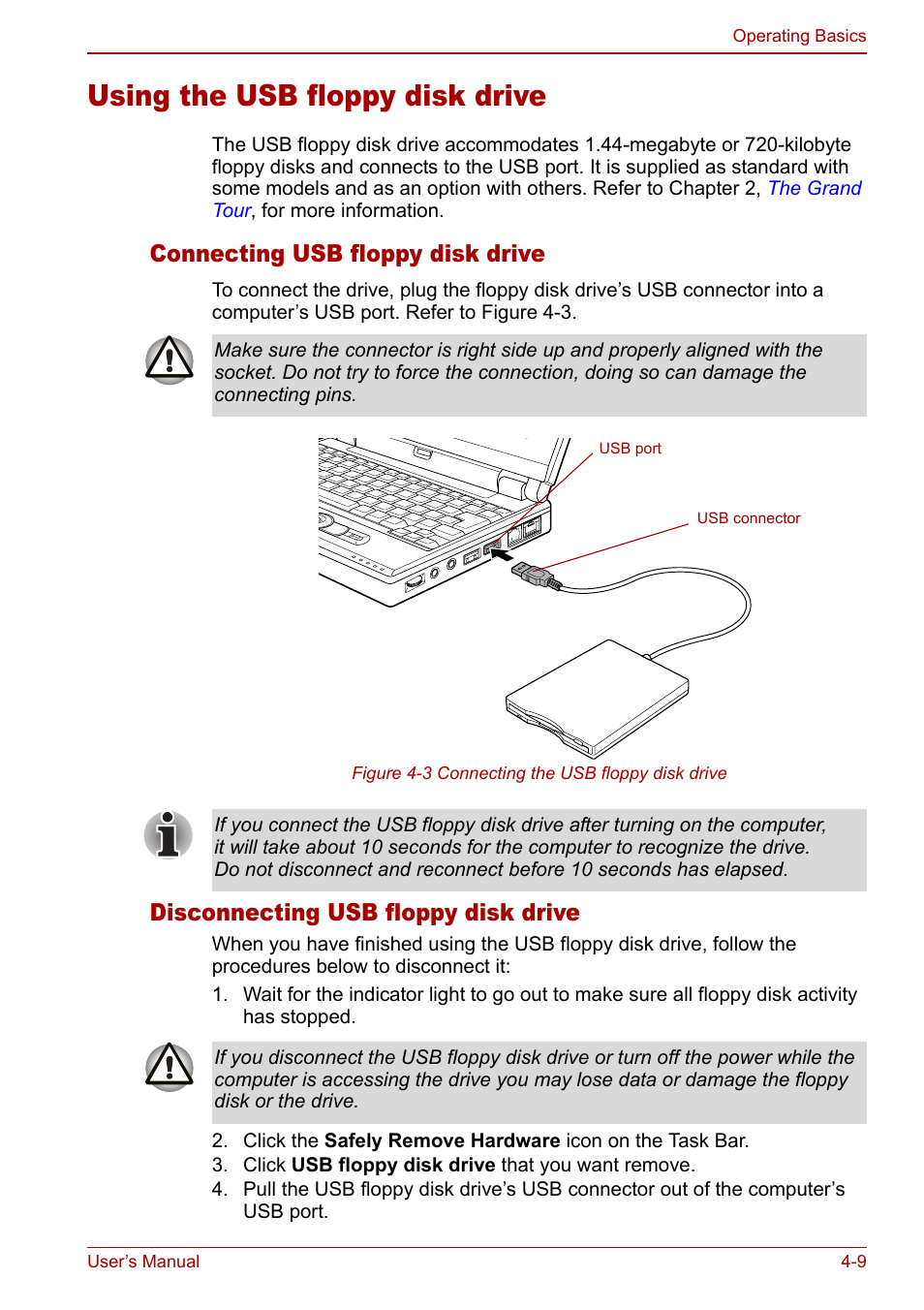 Using the usb floppy disk drive, Using the usb floppy disk drive -9, Connecting usb floppy disk drive | Disconnecting usb floppy disk drive | Toshiba Libretto U100 User Manual | Page 79 / 250