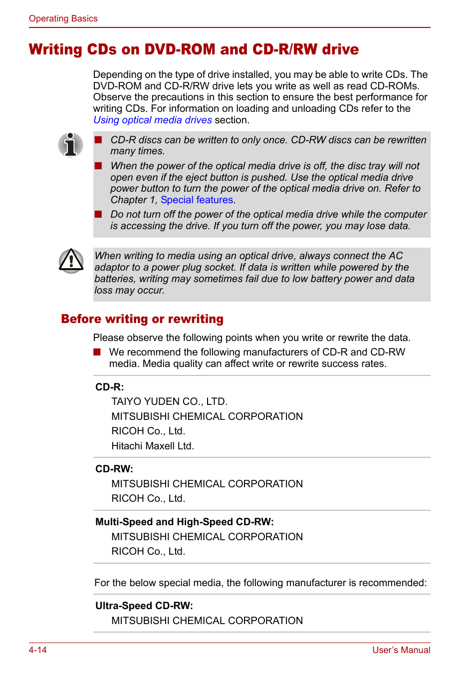 Writing cds on dvd-rom and cd-r/rw drive, Writing cds on dvd-rom and cd-r/rw drive -14, Writing cds | On dvd-rom and cd-r/rw drive, Before writing or rewriting | Toshiba Libretto U100 User Manual | Page 84 / 250