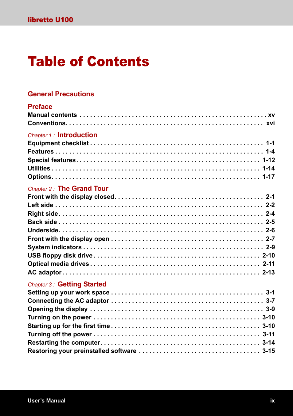 Toshiba Libretto U100 User Manual | Page 9 / 250