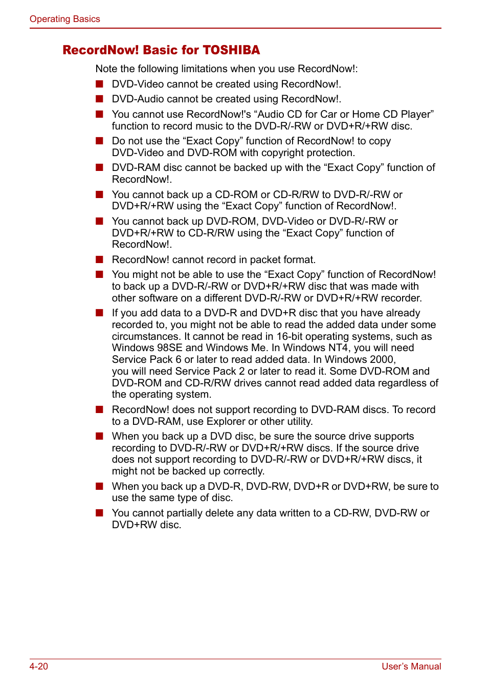 Recordnow! basic for toshiba | Toshiba Libretto U100 User Manual | Page 90 / 250
