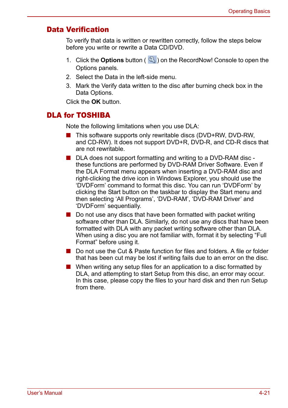 Data verification, Dla for toshiba | Toshiba Libretto U100 User Manual | Page 91 / 250