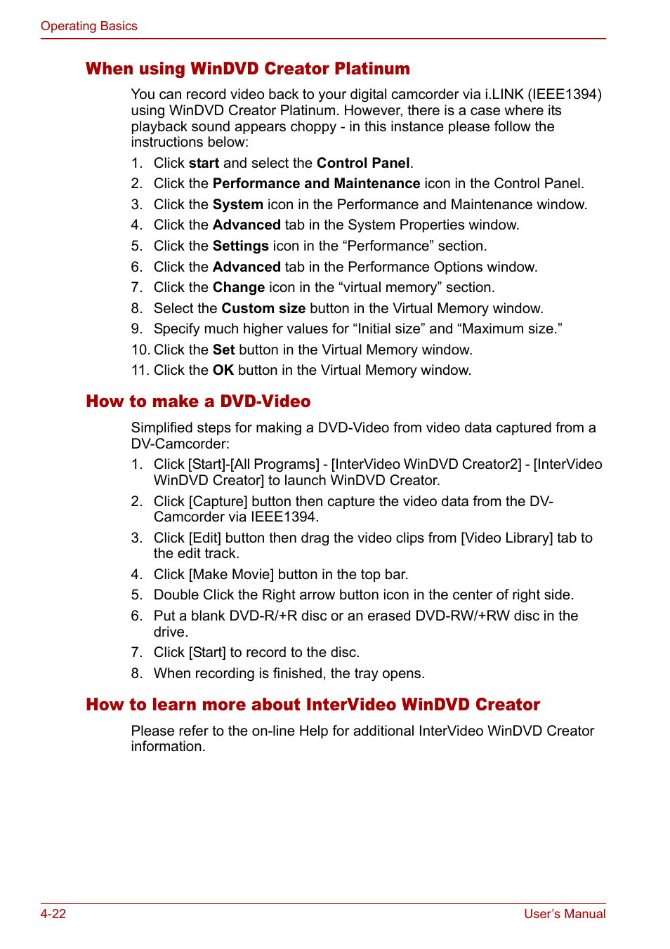 When using windvd creator platinum, How to make a dvd-video, How to learn more about intervideo windvd creator | Toshiba Libretto U100 User Manual | Page 92 / 250