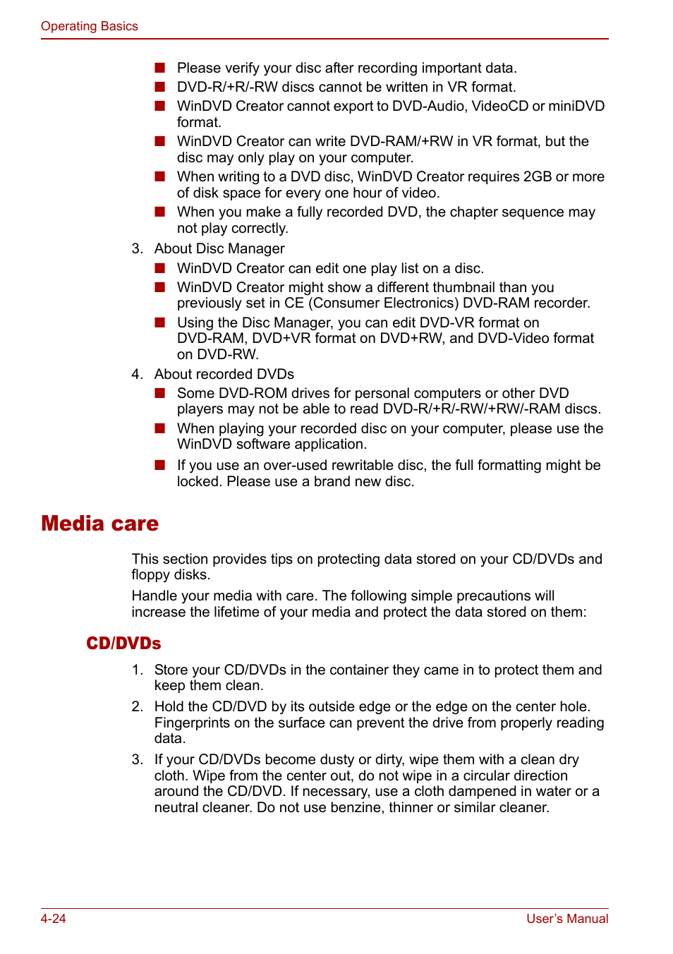 Media care, Media care -24, Cd/dvds | Toshiba Libretto U100 User Manual | Page 94 / 250