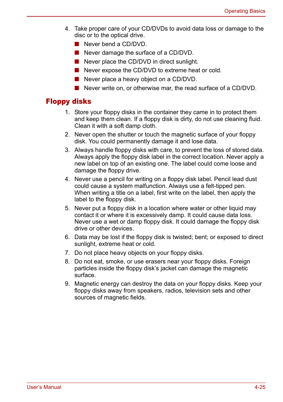 Floppy disks | Toshiba Libretto U100 User Manual | Page 95 / 250