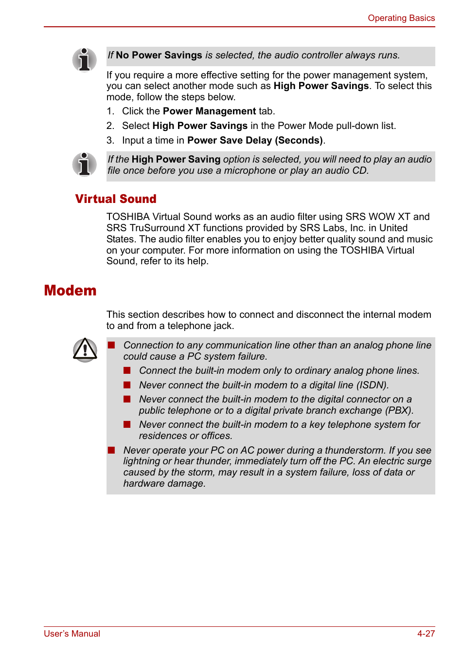 Modem, Modem -27, Virtual sound | Toshiba Libretto U100 User Manual | Page 97 / 250