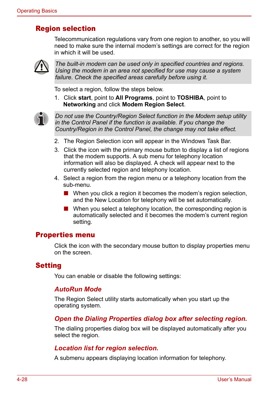 Region selection, Properties menu, Setting | Toshiba Libretto U100 User Manual | Page 98 / 250