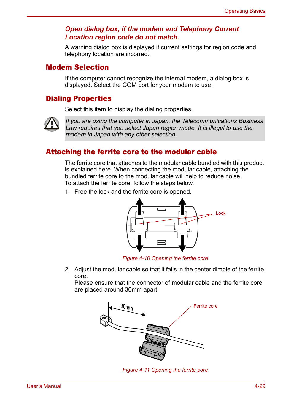 Modem selection, Dialing properties, Attaching the ferrite core to the modular cable | Toshiba Libretto U100 User Manual | Page 99 / 250