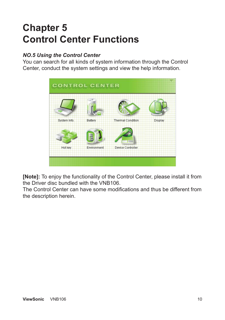 Chapter 5 control center functions | VIEWSONIC VNB106 User Manual | Page 16 / 24