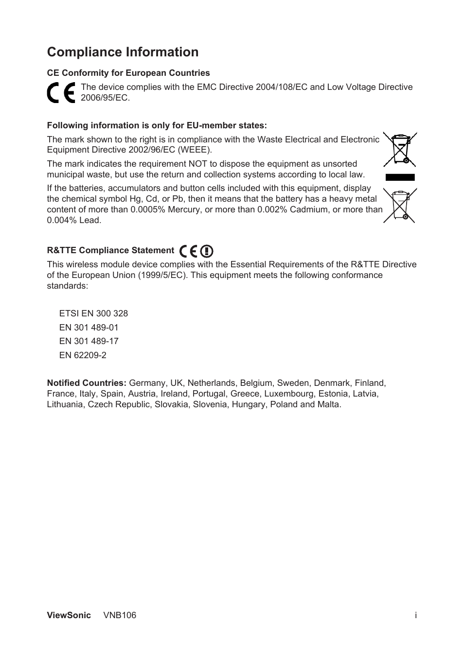 Compliance information | VIEWSONIC VNB106 User Manual | Page 2 / 24