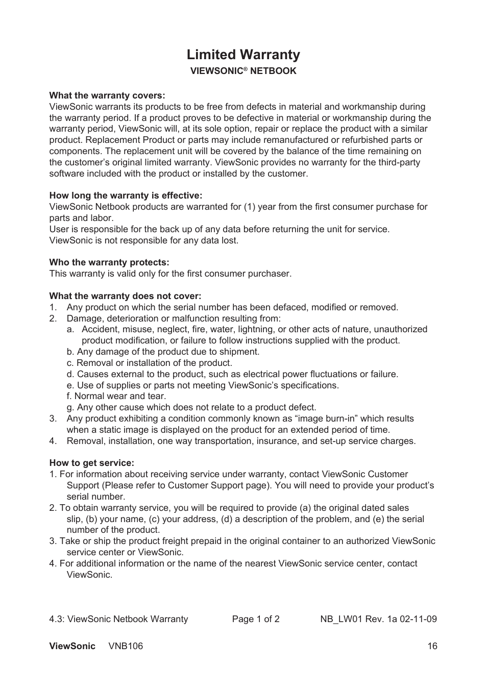 Limited warranty | VIEWSONIC VNB106 User Manual | Page 22 / 24