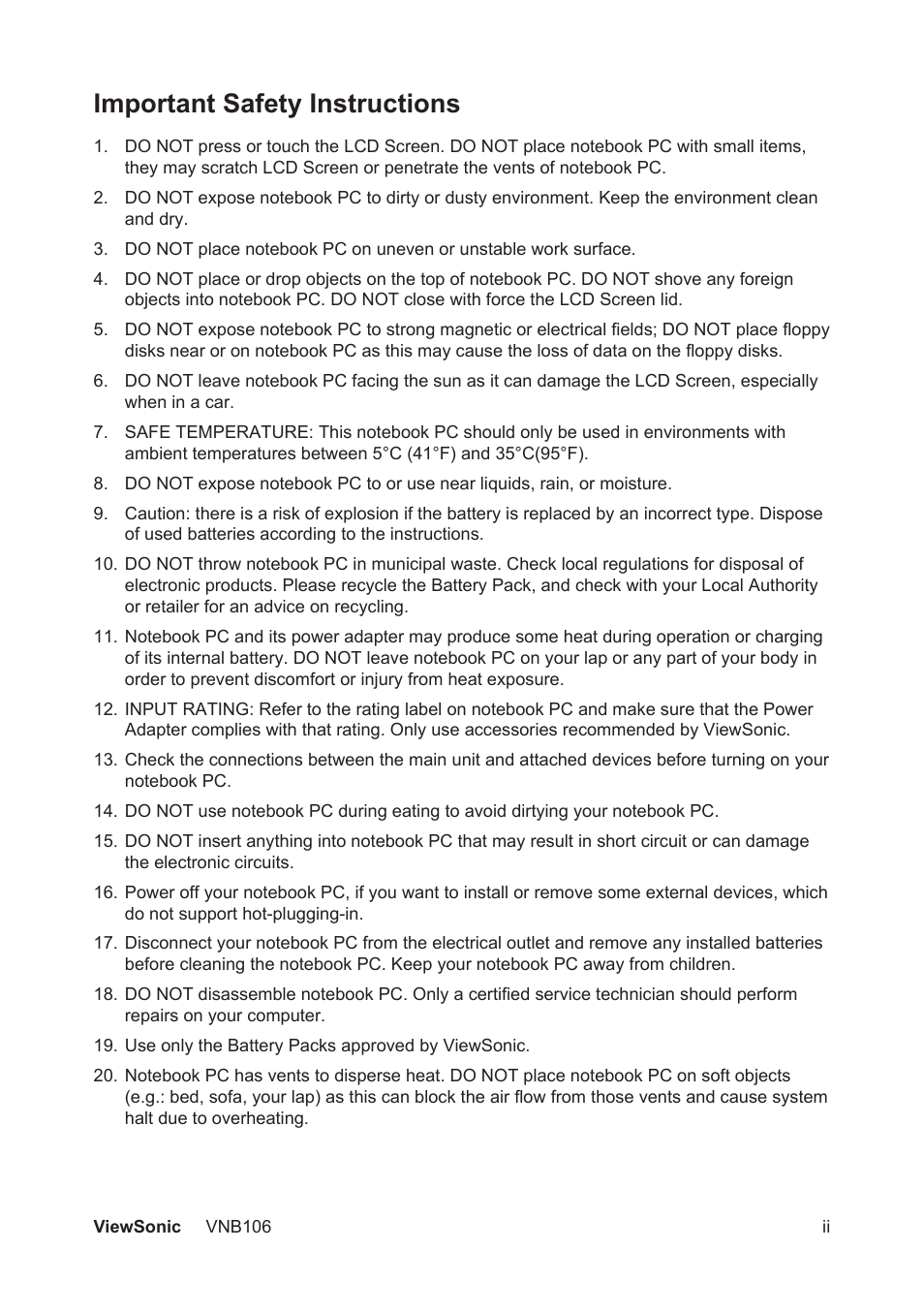 Important safety instructions | VIEWSONIC VNB106 User Manual | Page 3 / 24