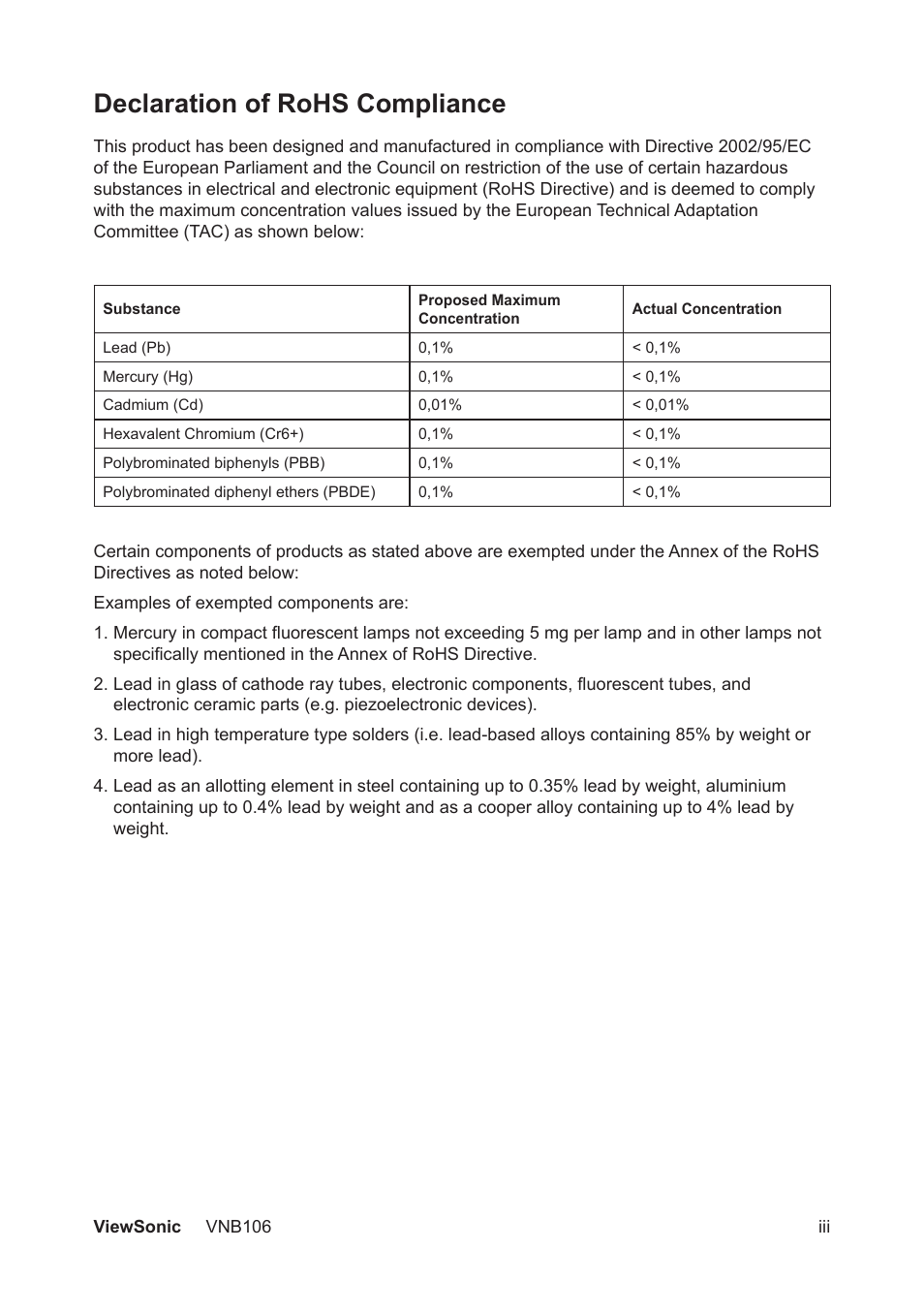 Declaration of rohs compliance | VIEWSONIC VNB106 User Manual | Page 4 / 24